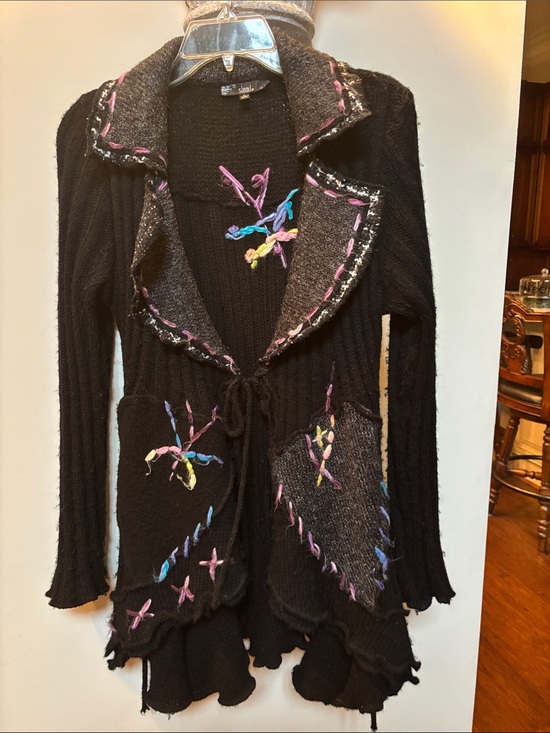 Sioni Sweaters - Sioni Black Knit Cardigan with Multicolor Embroidered Accents